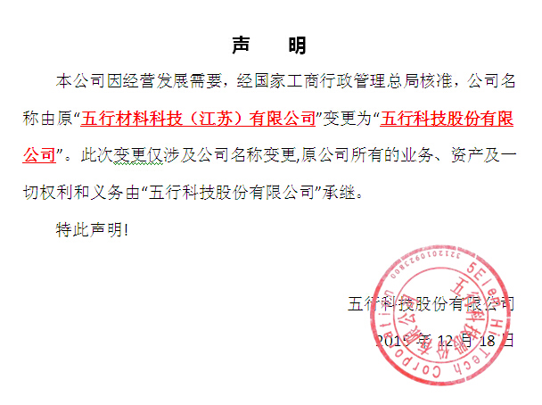 企业名称变换声明 - 五行科技股份有限公司